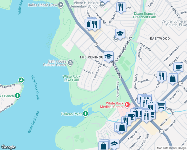 map of restaurants, bars, coffee shops, grocery stores, and more near 9265 Peninsula Drive in Dallas