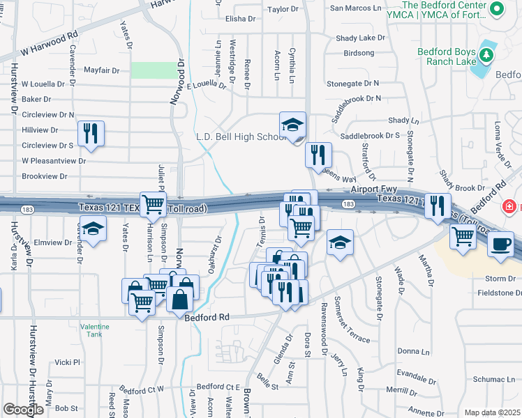 map of restaurants, bars, coffee shops, grocery stores, and more near 1605 Tennis Drive in Bedford