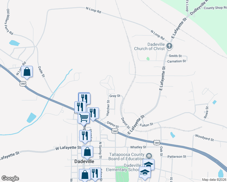 map of restaurants, bars, coffee shops, grocery stores, and more near 138 Main Street in Dadeville