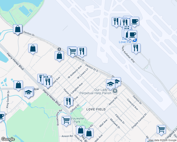map of restaurants, bars, coffee shops, grocery stores, and more near 2615 Langdon Avenue in Dallas