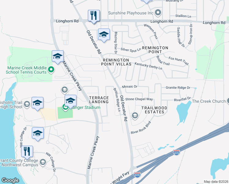 map of restaurants, bars, coffee shops, grocery stores, and more near 5200 Britton Ridge Lane in Fort Worth
