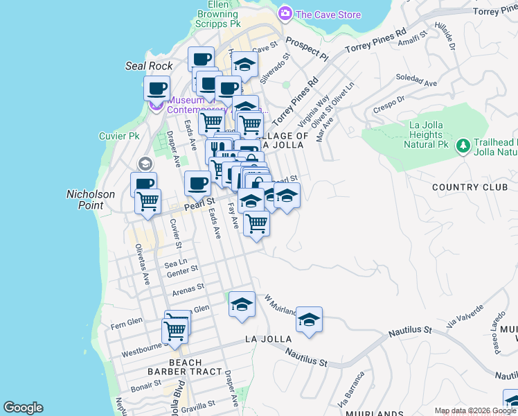 map of restaurants, bars, coffee shops, grocery stores, and more near 1111 Marine Street in San Diego