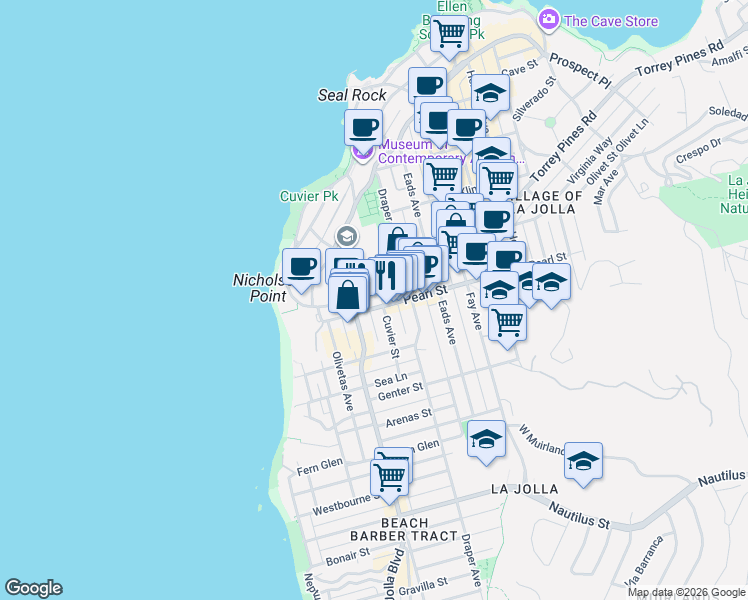 map of restaurants, bars, coffee shops, grocery stores, and more near 564 Pearl St in La Jolla