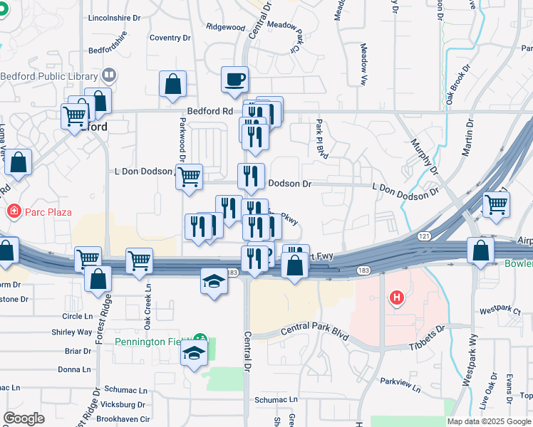 map of restaurants, bars, coffee shops, grocery stores, and more near 1912 Central Drive in Bedford
