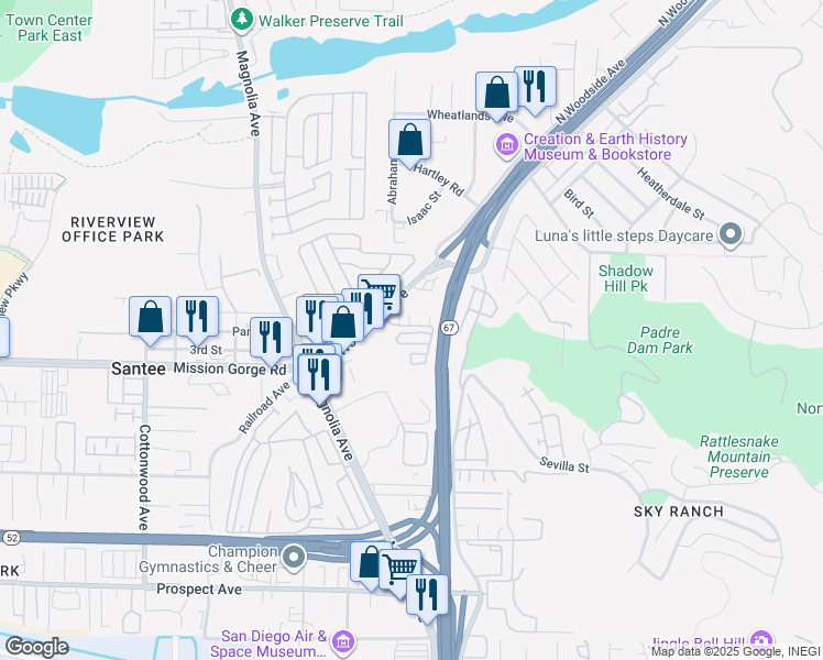 map of restaurants, bars, coffee shops, grocery stores, and more near in Santee