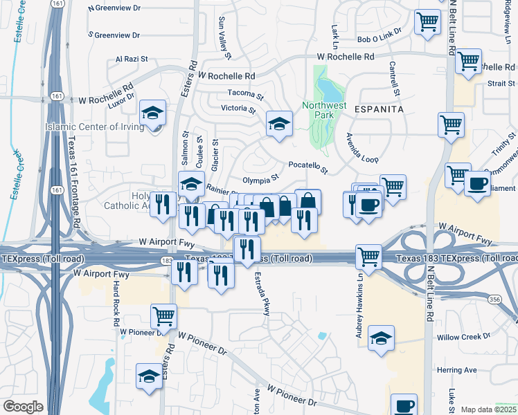 map of restaurants, bars, coffee shops, grocery stores, and more near 3905 Yellowstone Street in Irving