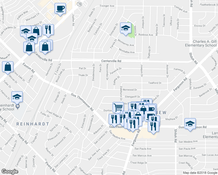 map of restaurants, bars, coffee shops, grocery stores, and more near 2107 Norwood Drive in Dallas
