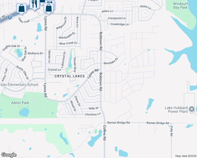 map of restaurants, bars, coffee shops, grocery stores, and more near 5422 Bobtown Road in Garland