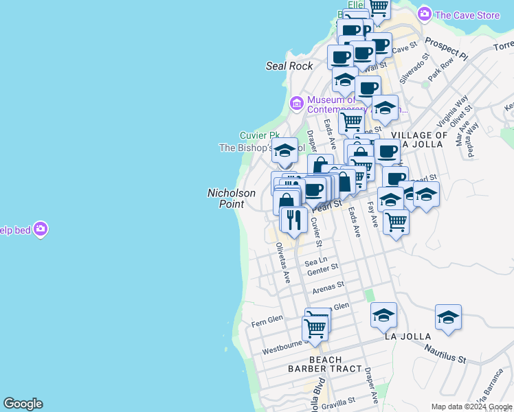 map of restaurants, bars, coffee shops, grocery stores, and more near 101 Coast Boulevard in San Diego