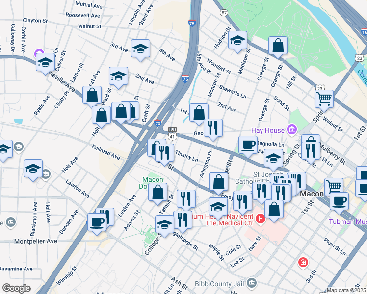 map of restaurants, bars, coffee shops, grocery stores, and more near 557 Monroe St in Macon