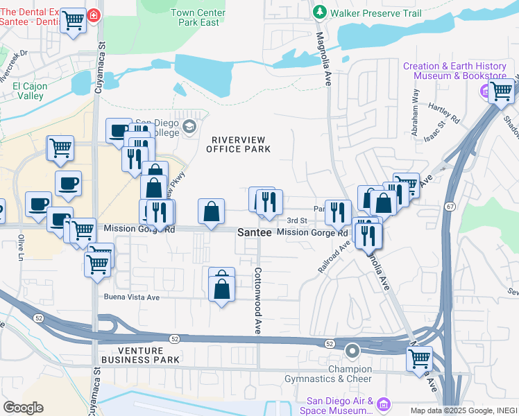 map of restaurants, bars, coffee shops, grocery stores, and more near 9000 Cottonwood Avenue in Santee