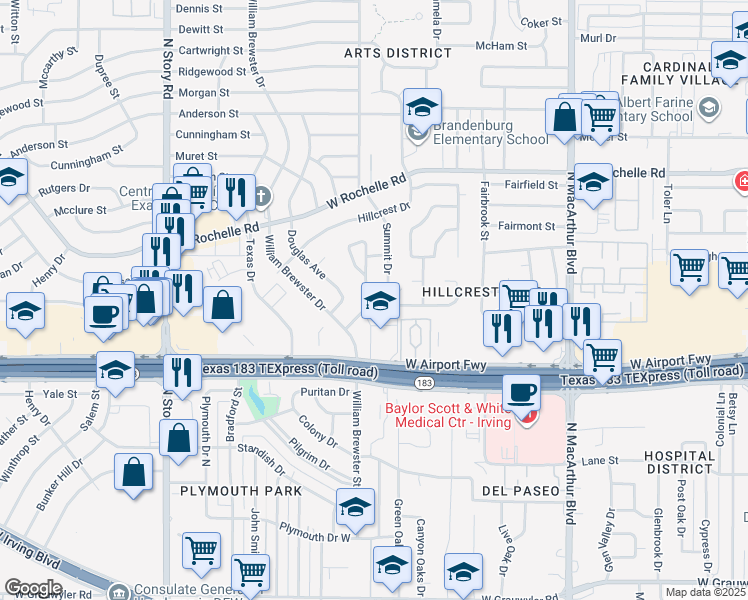 map of restaurants, bars, coffee shops, grocery stores, and more near 2400 Crestview Circle in Irving