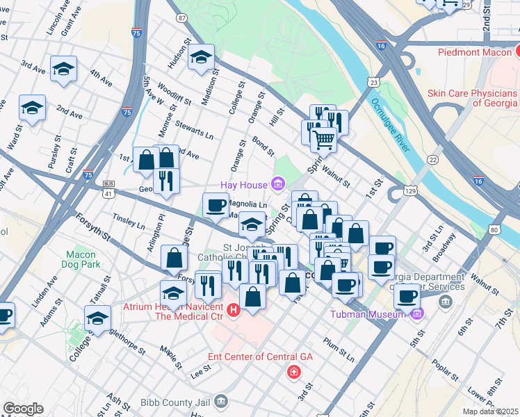 map of restaurants, bars, coffee shops, grocery stores, and more near 980 Cherry Street in Macon