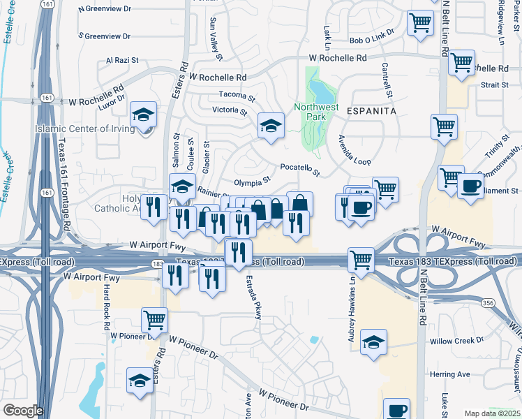 map of restaurants, bars, coffee shops, grocery stores, and more near 3905 Yellowstone Street in Irving