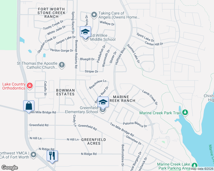 map of restaurants, bars, coffee shops, grocery stores, and more near 5845 Barrier Reef Drive in Fort Worth