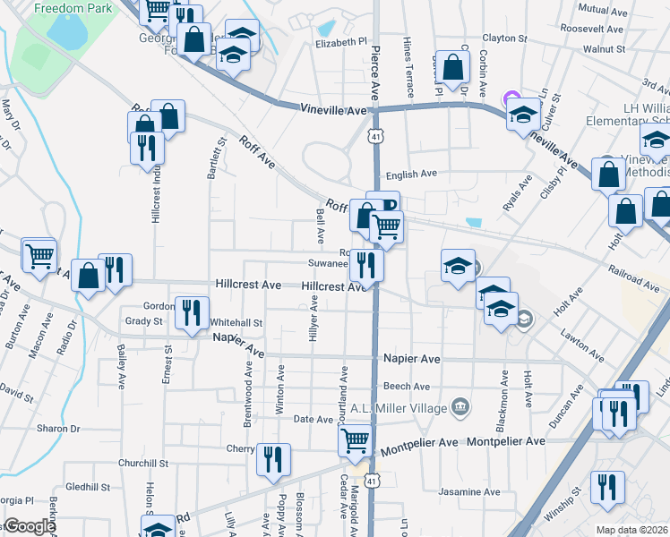 map of restaurants, bars, coffee shops, grocery stores, and more near 801 Courtland Avenue in Macon