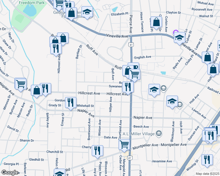 map of restaurants, bars, coffee shops, grocery stores, and more near 2706 Suwanee Avenue in Macon
