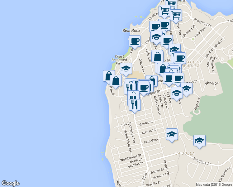 map of restaurants, bars, coffee shops, grocery stores, and more near 101c Coast Boulevard in San Diego