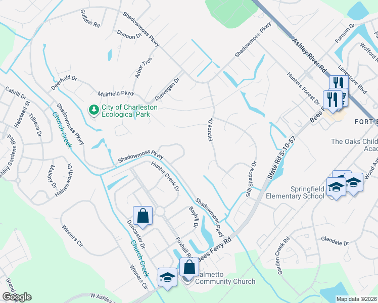 map of restaurants, bars, coffee shops, grocery stores, and more near 123 Brogun Lane in Charleston