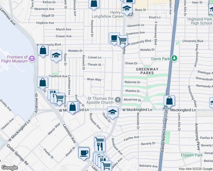 map of restaurants, bars, coffee shops, grocery stores, and more near 6711 Robin Road in Dallas