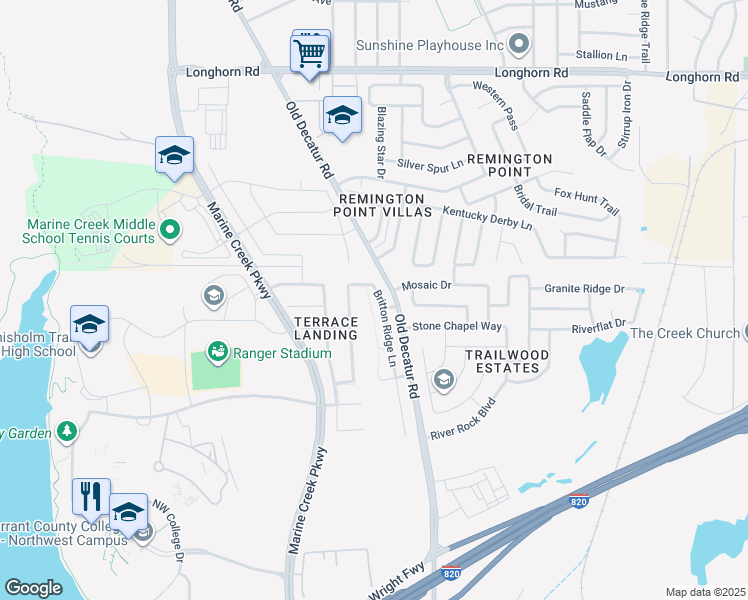 map of restaurants, bars, coffee shops, grocery stores, and more near 5200 Britton Ridge Lane in Fort Worth