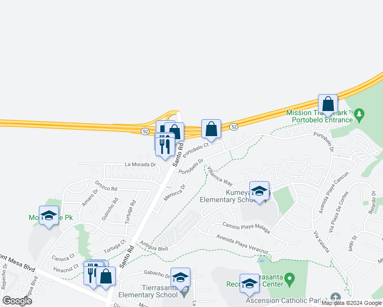 map of restaurants, bars, coffee shops, grocery stores, and more near 6039 Portobelo Court in San Diego