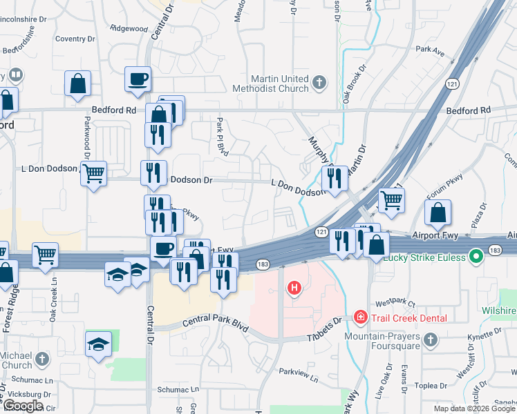 map of restaurants, bars, coffee shops, grocery stores, and more near 2000 Park Place Boulevard in Bedford