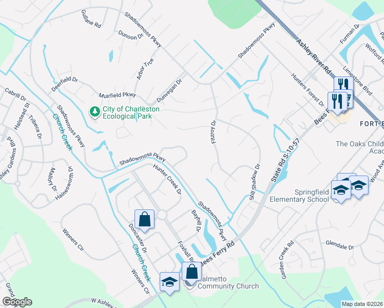 map of restaurants, bars, coffee shops, grocery stores, and more near 123 Brogun Lane in Charleston