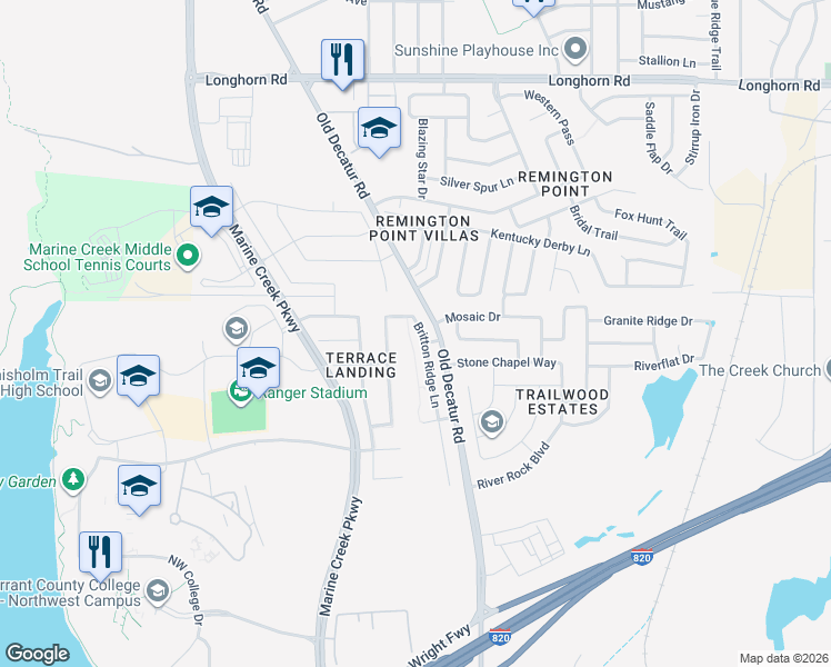 map of restaurants, bars, coffee shops, grocery stores, and more near 5200 Britton Ridge Lane in Fort Worth