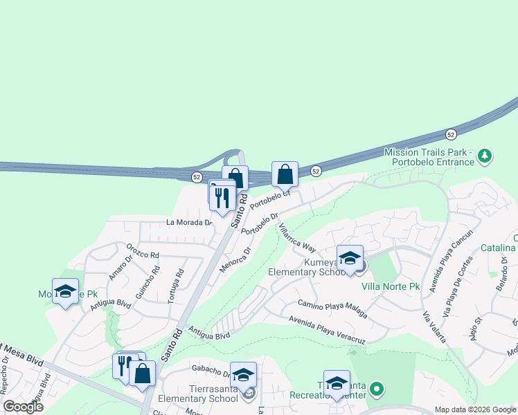 map of restaurants, bars, coffee shops, grocery stores, and more near 6039 Portobelo Court in San Diego