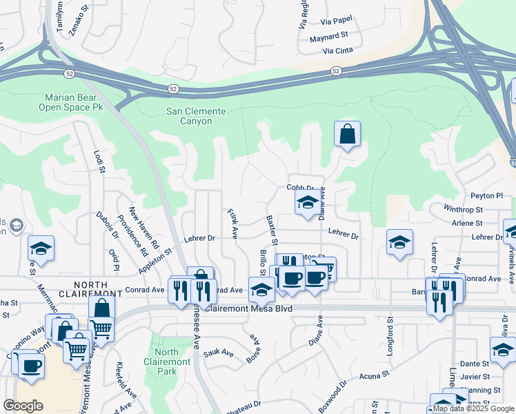 map of restaurants, bars, coffee shops, grocery stores, and more near 4677 Baxter Court in San Diego