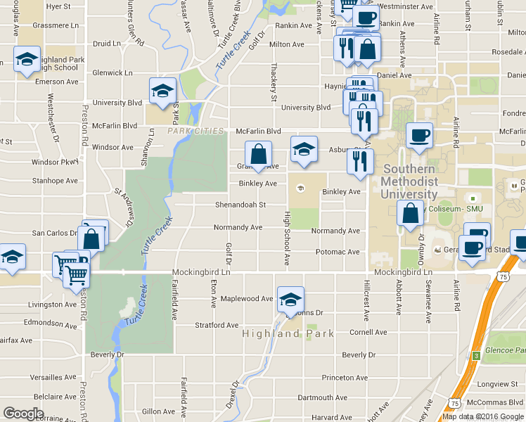 map of restaurants, bars, coffee shops, grocery stores, and more near 3633 Shenandoah Street in Dallas