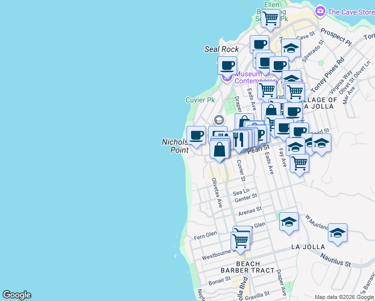map of restaurants, bars, coffee shops, grocery stores, and more near in San Diego County