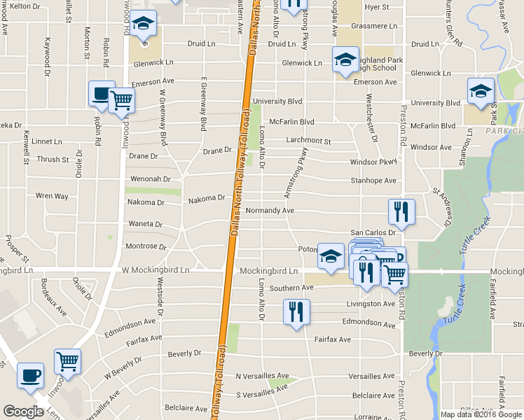 map of restaurants, bars, coffee shops, grocery stores, and more near Lomo Alto Dr & Normandy Ave in University Park
