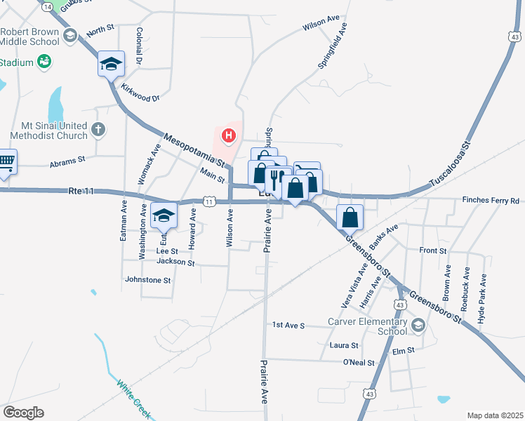 map of restaurants, bars, coffee shops, grocery stores, and more near 230 Prairie Avenue in Eutaw