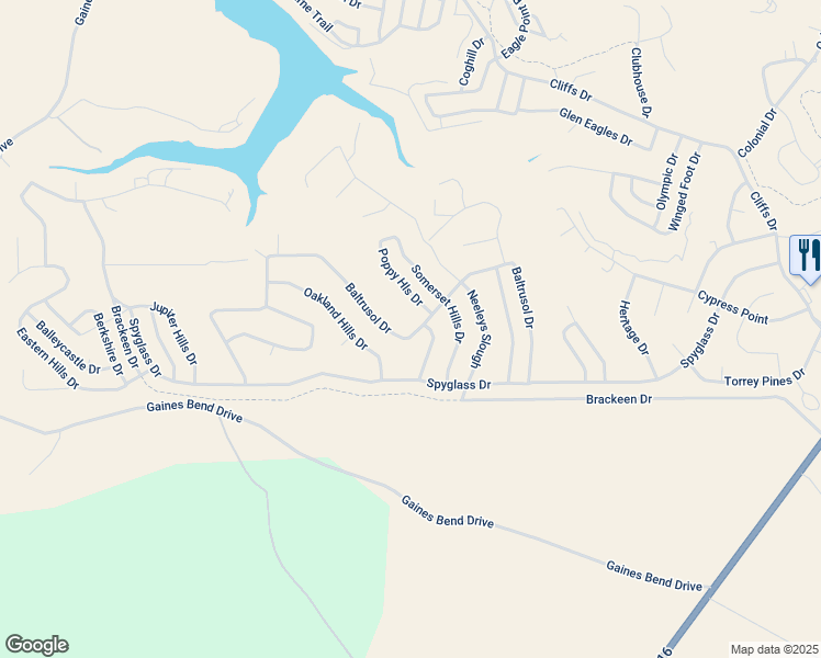 map of restaurants, bars, coffee shops, grocery stores, and more near 465 Baltrusol Drive in Graford
