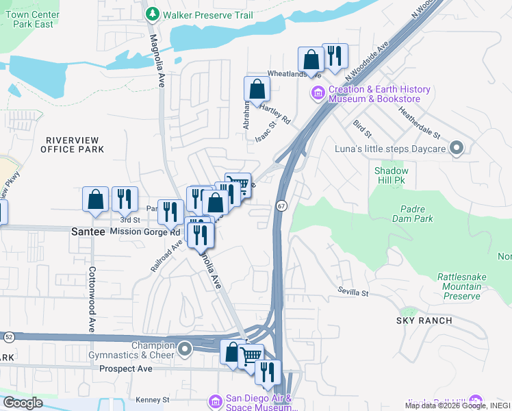 map of restaurants, bars, coffee shops, grocery stores, and more near 10794 Riderwood Terrace in Santee
