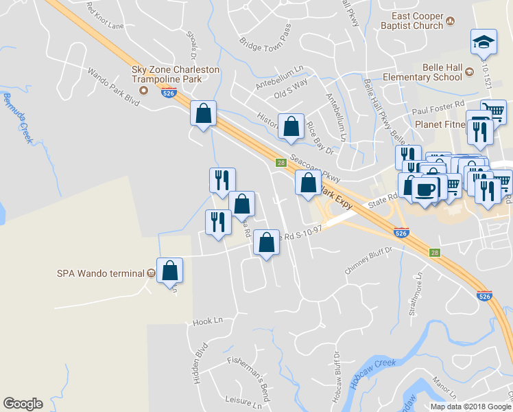 map of restaurants, bars, coffee shops, grocery stores, and more near 547 Long Point Road in Mount Pleasant
