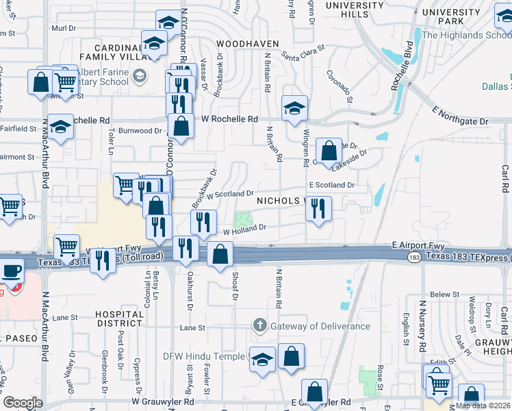map of restaurants, bars, coffee shops, grocery stores, and more near 143 West Ireland Drive in Irving