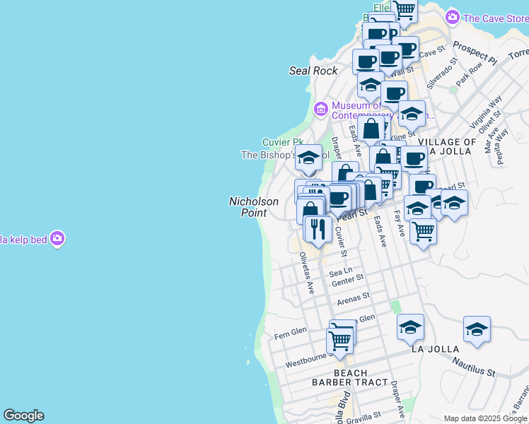 map of restaurants, bars, coffee shops, grocery stores, and more near in San Diego County