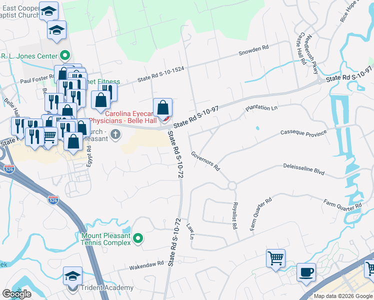 map of restaurants, bars, coffee shops, grocery stores, and more near 1003 Governors Road in Mount Pleasant