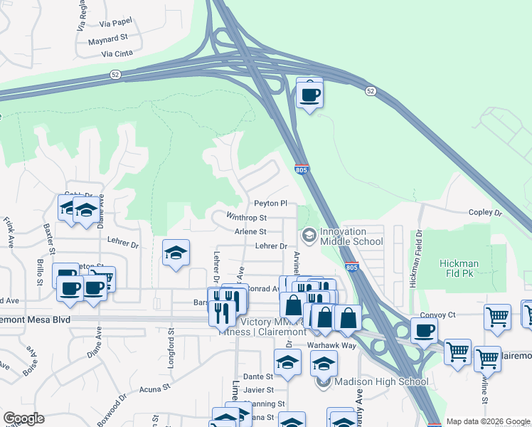 map of restaurants, bars, coffee shops, grocery stores, and more near 5284 Winthrop Street in San Diego