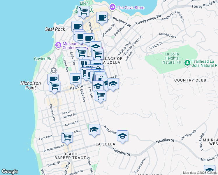map of restaurants, bars, coffee shops, grocery stores, and more near 7402 High Avenue in San Diego