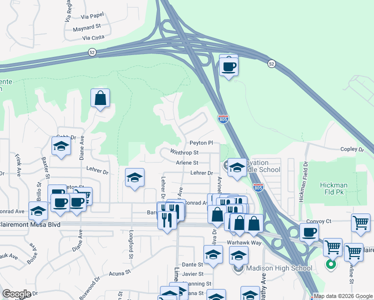 map of restaurants, bars, coffee shops, grocery stores, and more near 5193 Winthrop Street in San Diego