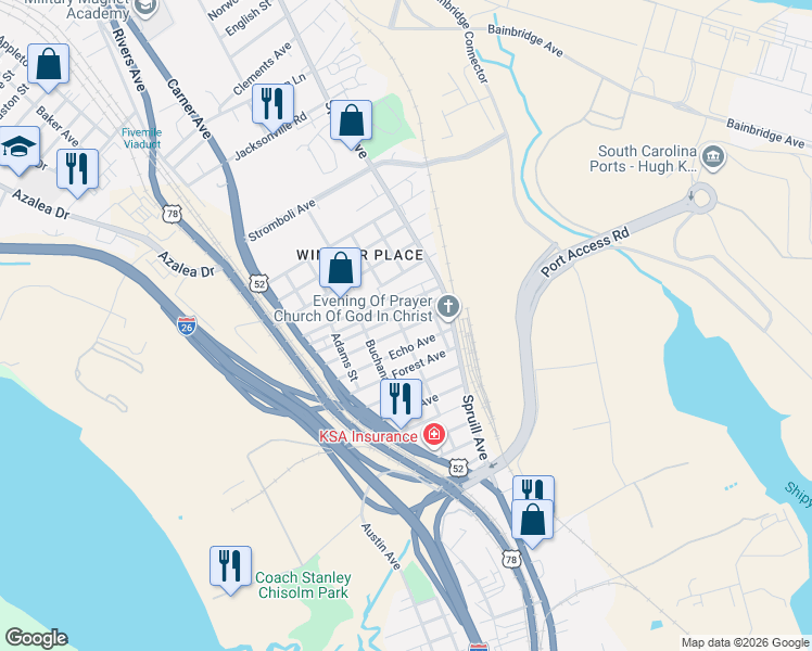 map of restaurants, bars, coffee shops, grocery stores, and more near 1991 Delaware Avenue in North Charleston