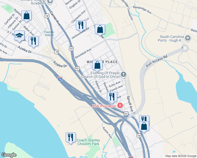 map of restaurants, bars, coffee shops, grocery stores, and more near 2049 Beech Avenue in North Charleston