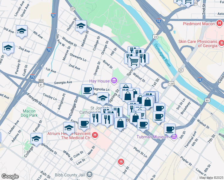 map of restaurants, bars, coffee shops, grocery stores, and more near 923 Cherry Street in Macon