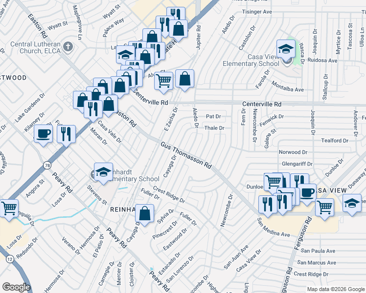 map of restaurants, bars, coffee shops, grocery stores, and more near 10605 Aledo Drive in Dallas