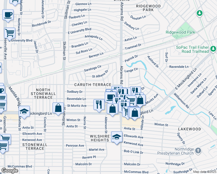 map of restaurants, bars, coffee shops, grocery stores, and more near 6317 Sudbury Drive in Dallas