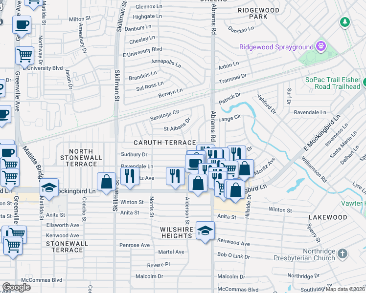map of restaurants, bars, coffee shops, grocery stores, and more near 6255 Sudbury Drive in Dallas